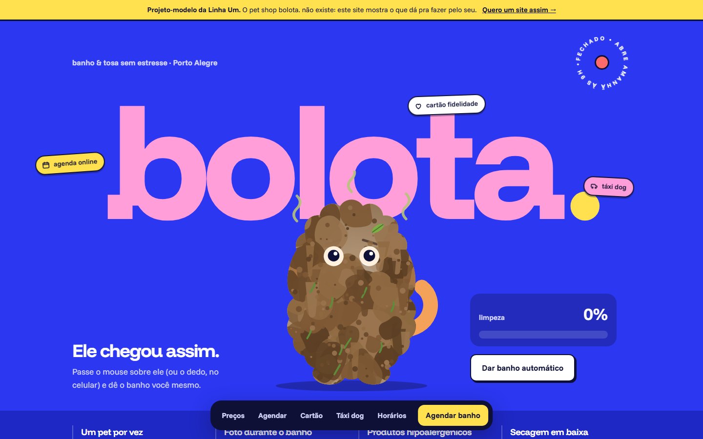 Tela inicial do site bolota., com um cachorrinho coberto de lama esperando o banho.